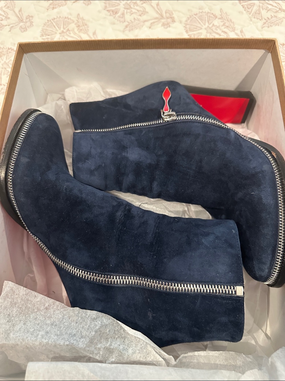 Christian Louboutin Navy Suede Ankle Boots with Red Sole